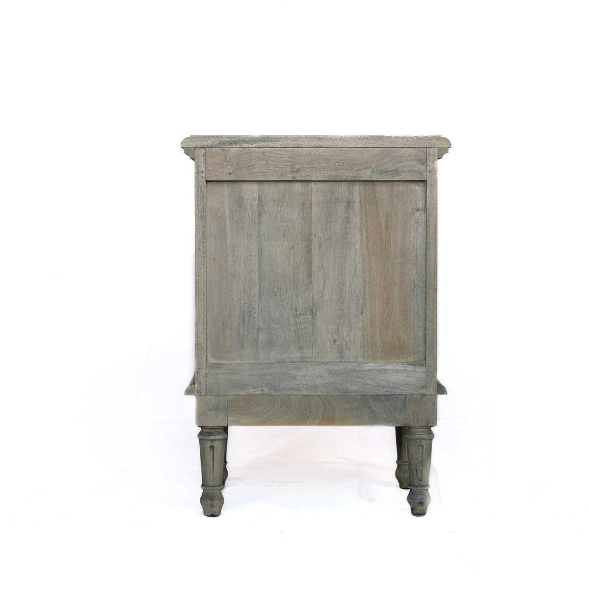 A rustic gray wooden cabinet or side table with a paneled front and turned legs, shown from the back against a plain white background.