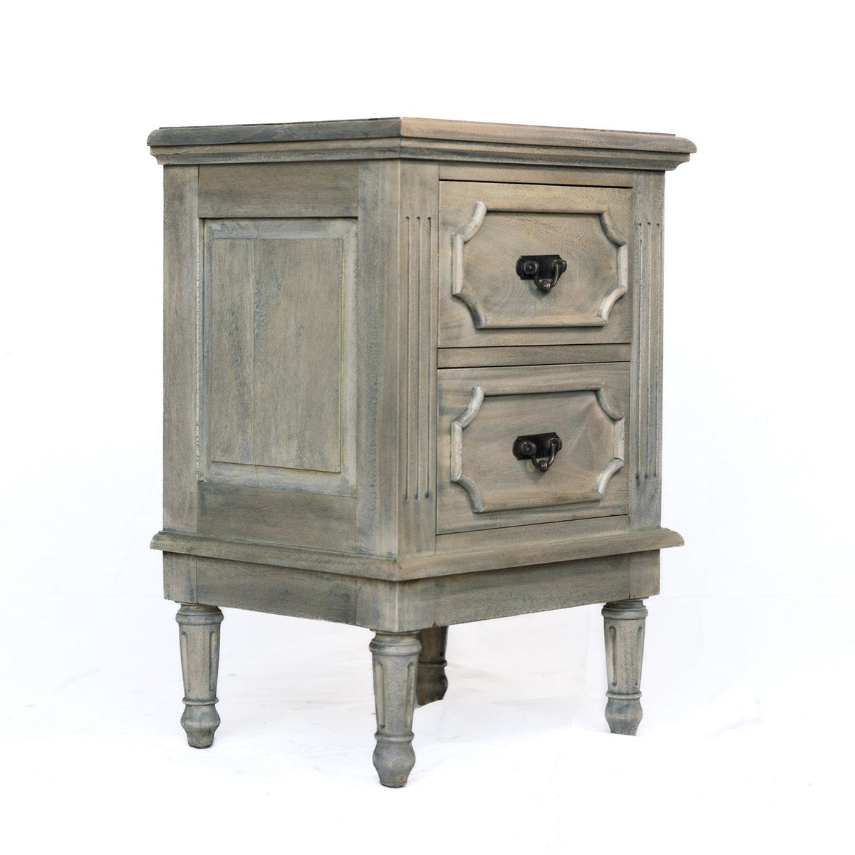 A distressed gray wooden two-drawer nightstand with black metal drawer pulls and turned legs, shown on a plain white background.