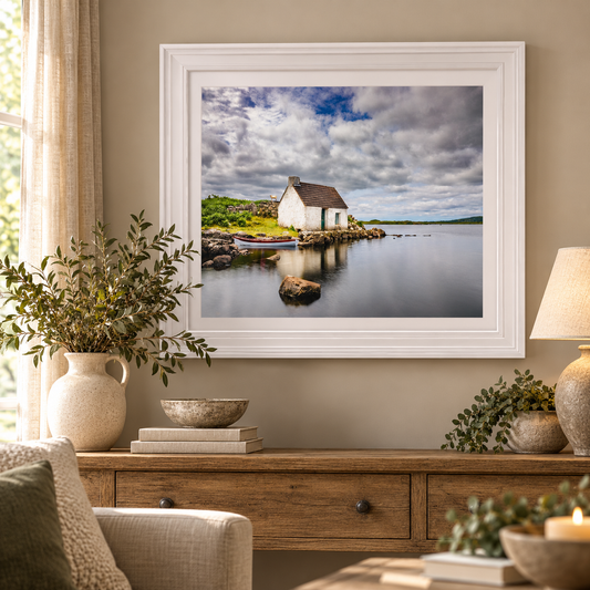 FISHERMAN’S HUT FRAMED PRINT – WHITE FRAME | House of Irish Art