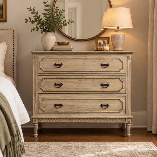A distressed light gray wood three-drawer nightstand or dresser styled in a cozy bedroom next to a bed, with a lamp, vase, and mirror on top.