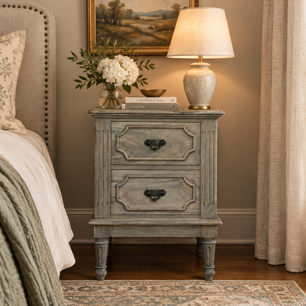 A rustic gray-blue nightstand with two drawers and dark metal handles, styled in a cozy bedroom next to a bed with a textured throw blanket and a lit table lamp.