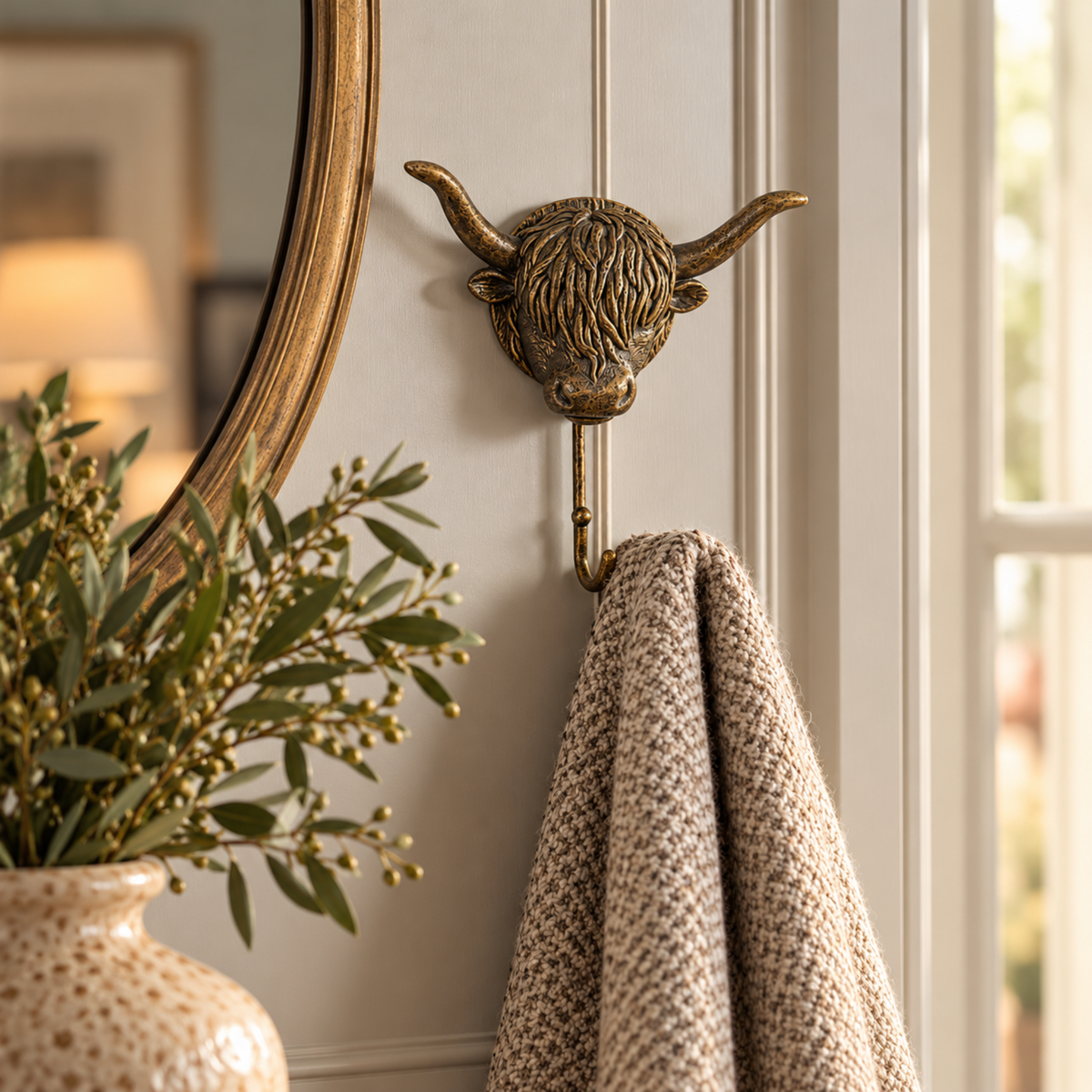 An antique bronze bull head towel hook mounted on a white paneled wall, holding a textured beige towel. A gold-framed mirror and a vase with greenery are partially visible in the background and foreground.