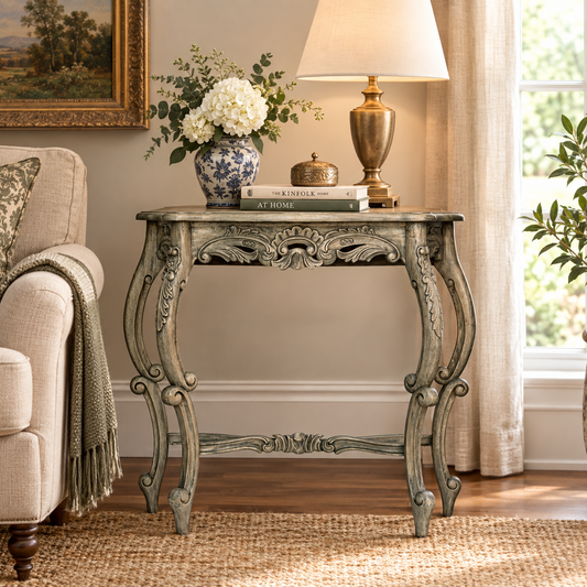 An ornate console table with a distressed sage green and gray finish, styled in a cozy living room next to a beige armchair and a lit table lamp.