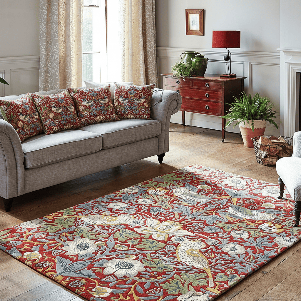 Living room with a patterned rug, sofa, and decorative items.