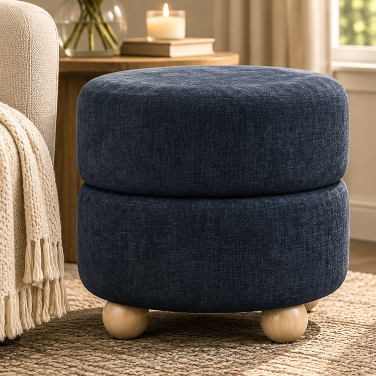A round two-tier upholstered ottoman in dark navy blue fabric with light natural wood ball feet, shown in a styled living room setting on the left and as a clean studio product shot on the right.