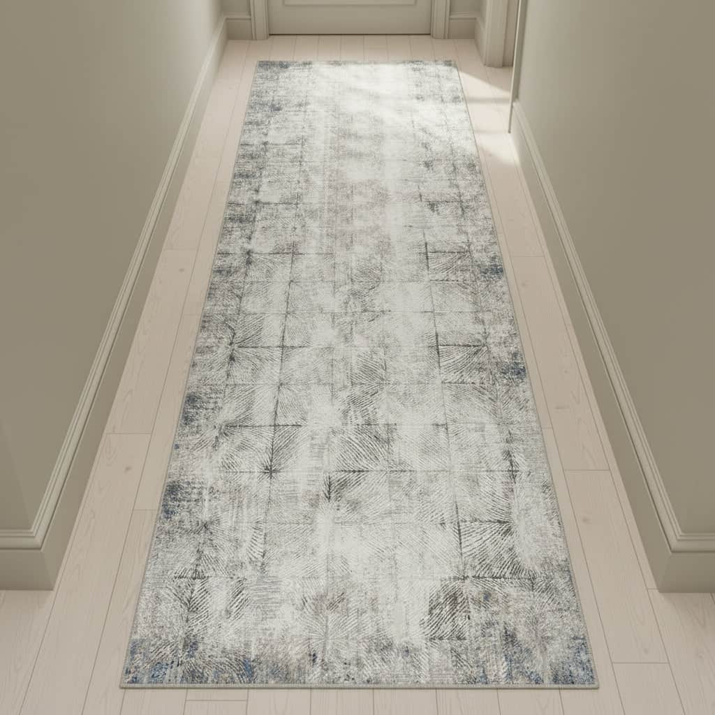 Calvin Klein (Nourison & Home) Designer Rugs 229 cm x 66 cm (7’6” x 2’2”) - Runner / Ivory and Grey geometric tile CALVIN KLEIN INFINITY AREA RUG by Nourison