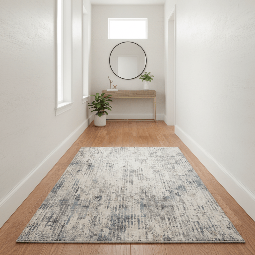 Calvin Klein (Nourison & Home) Designer Rugs 229 cm x 66 cm (7’6” x 2’2”) - Runner / Ivory, Grey, and Blue stripe CALVIN KLEIN INFINITY AREA RUG by Nourison