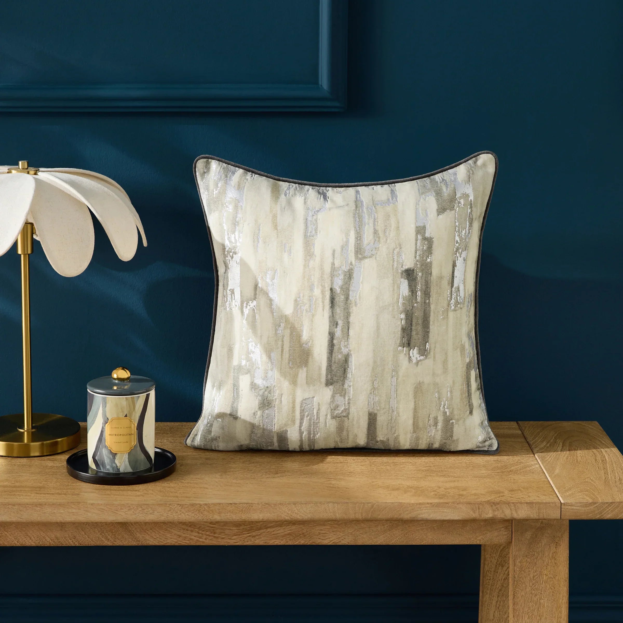 Clarke & Clarke Cushions BLOCKS FOIL PRINTED VELVET CUSHION SILVER by Clarke & Clarke