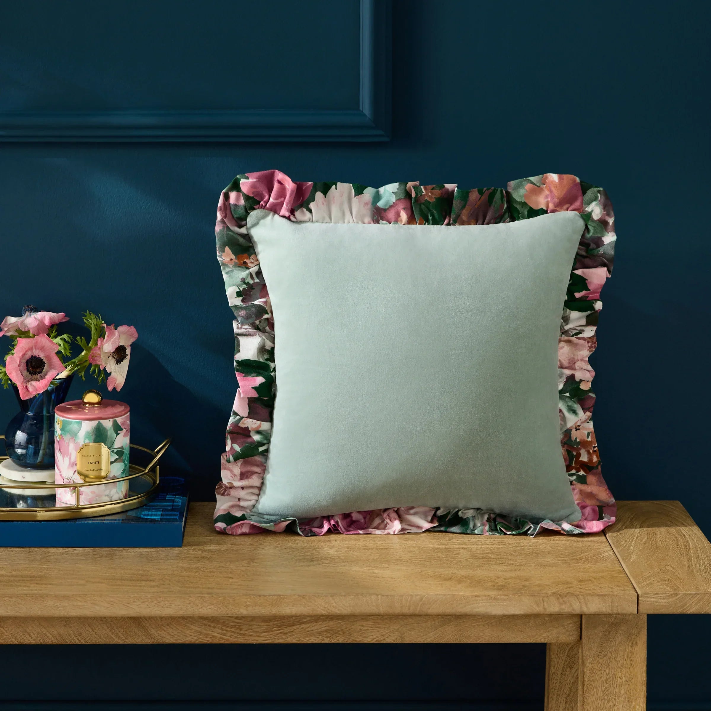 Clarke & Clarke Cushions TAHITI VELVET FRILLED CUSHION BLUE by Clarke & Clarke