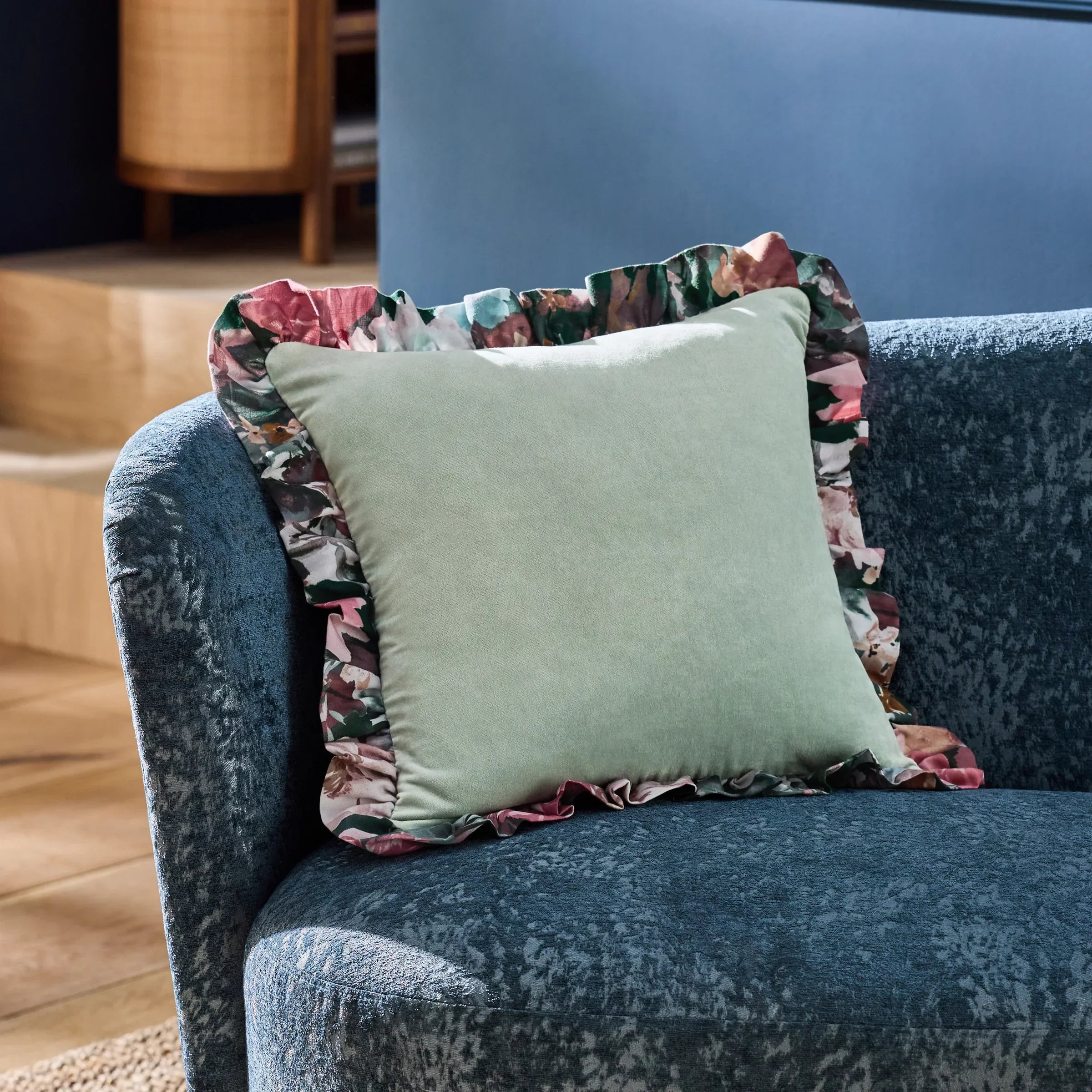 Clarke & Clarke Cushions TAHITI VELVET FRILLED CUSHION BLUE by Clarke & Clarke