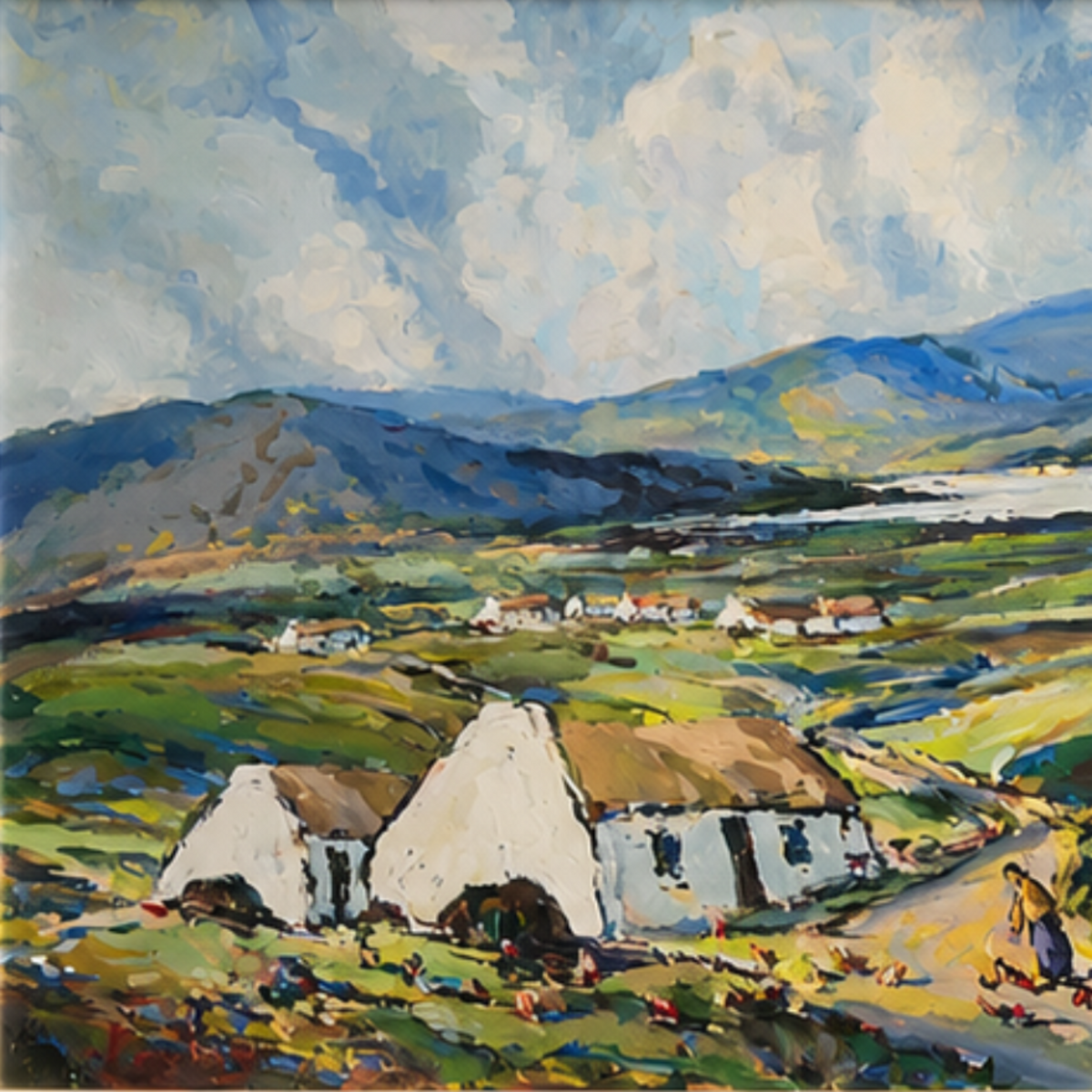 An impressionistic landscape painting depicting white thatched cottages in a green valley, with rolling hills, distant mountains, and a cloudy blue sky.