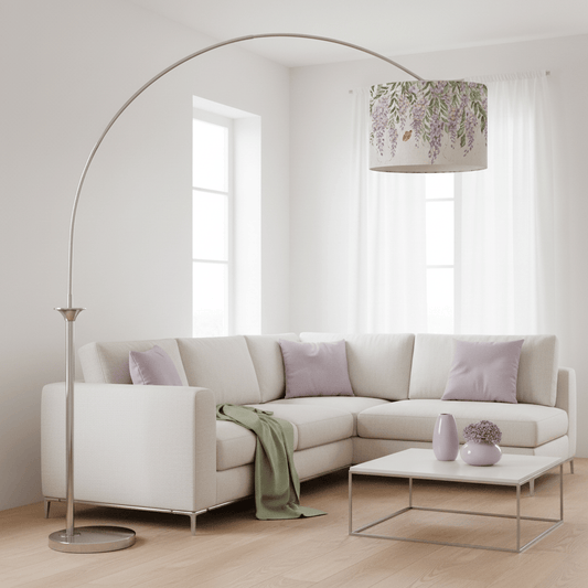 Fifty Five South x Voyage Maison Voyage Maison Lamp Bundle HUBERT NICKEL FINISH ARC FLOOR LAMP WITH D52CM MARIPOSA SHADE BUNDLE by Fifty Five South and Voyage Maison