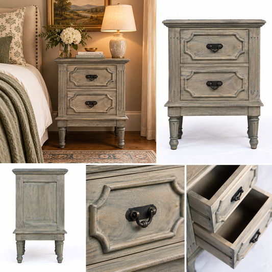 A rustic two-drawer nightstand shown in a bedroom setting and as a standalone product shot. The nightstand has a weathered gray-green finish with black metal drawer pulls and turned legs.