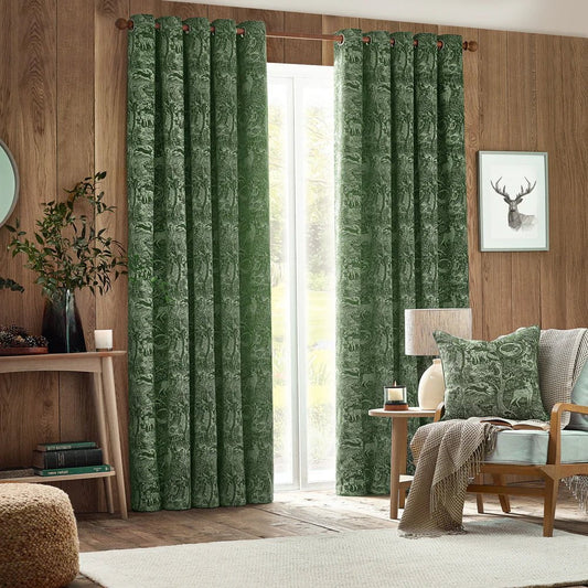 furn Emerald Winter Woods Animal Chenille Eyelet Curtains by furn (4 colours to choose from)  (90x90inch / 229x229cm)