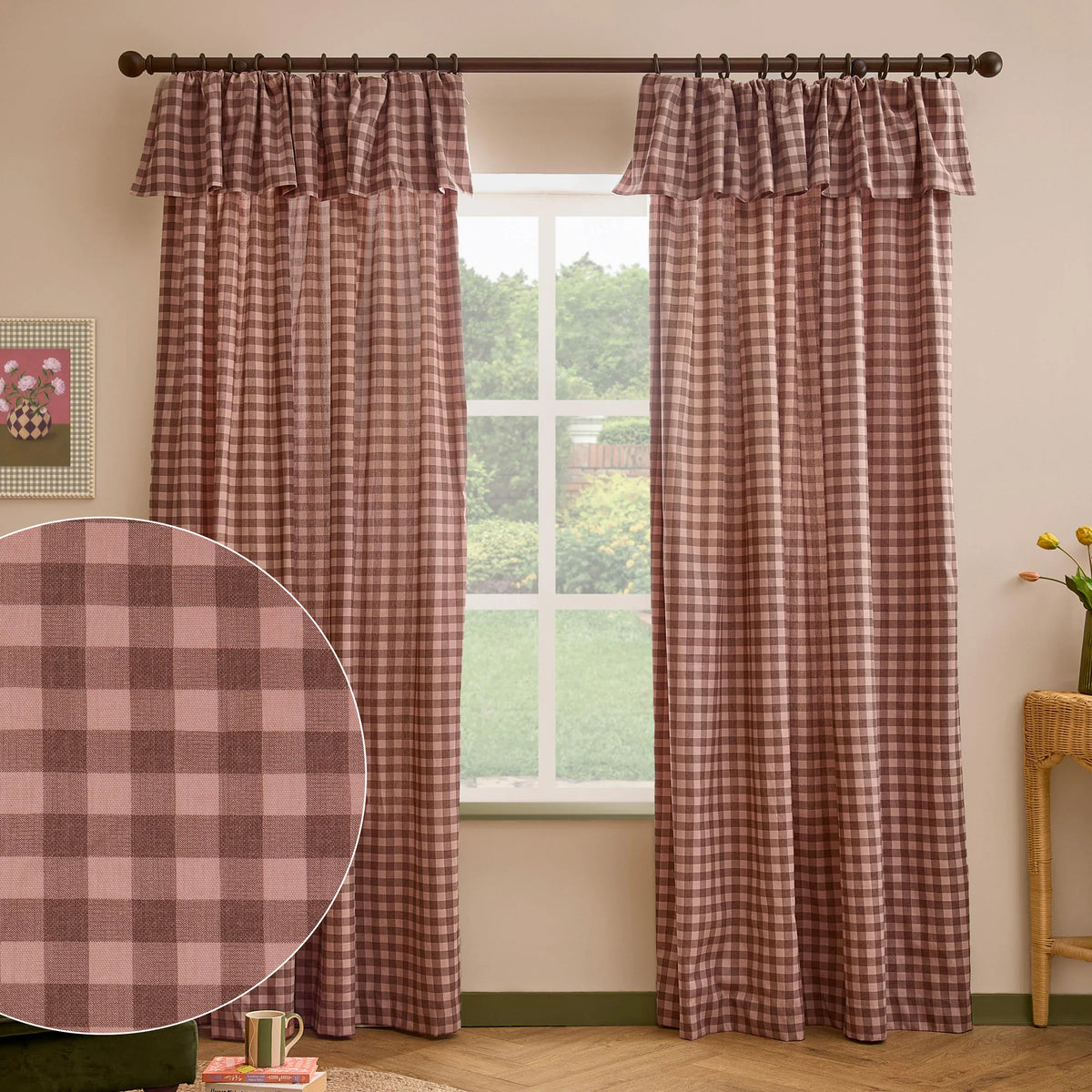 Furn (Riva Home) Curtains 90in x 72in (229cm x 183cm) / Rose/Chocolate / Fully Lined HARRIET GINGHAM PRINTED CURTAINS by furn.