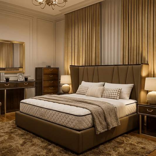 GIE Bed Base & Headboard DUBAI BED – TAUPE FABRIC HEADBOARD WITH MATT BLACK ACCENTS