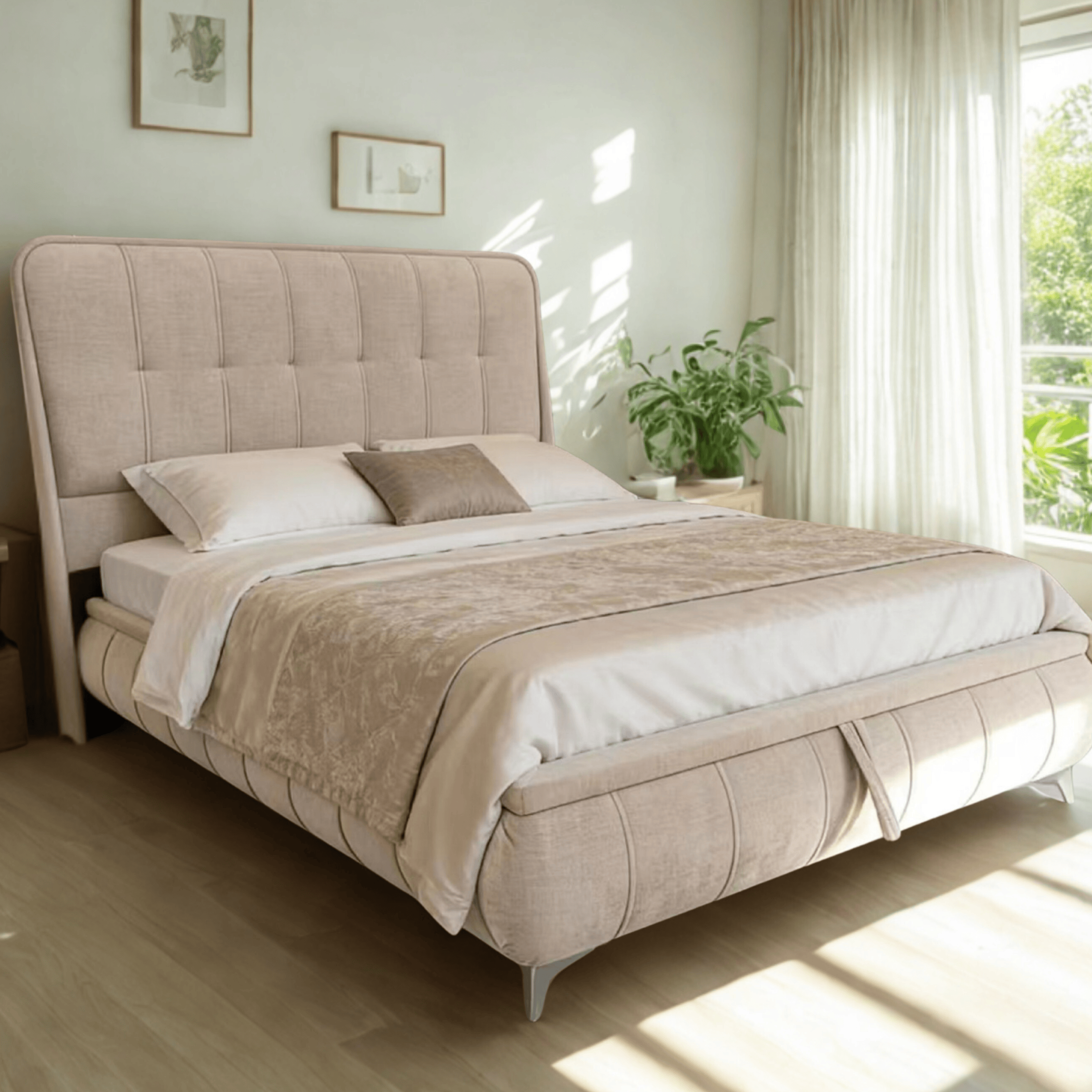 GIE Storage Bed Base & Headboard Double 4ft 6" / Beige LIMERICK STORAGE BED