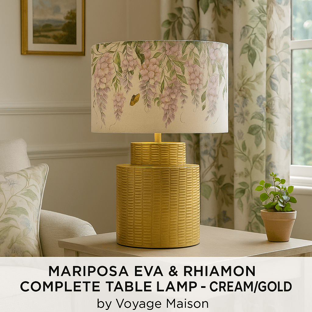 Hazelwood Interiors MARIPOSA EVA & RHIAMON COMPLETE TABLE LAMP – CREAM/GOLD  by Voyage Maison