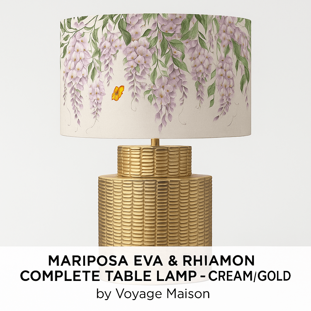 Hazelwood Interiors MARIPOSA EVA & RHIAMON COMPLETE TABLE LAMP – CREAM/GOLD  by Voyage Maison