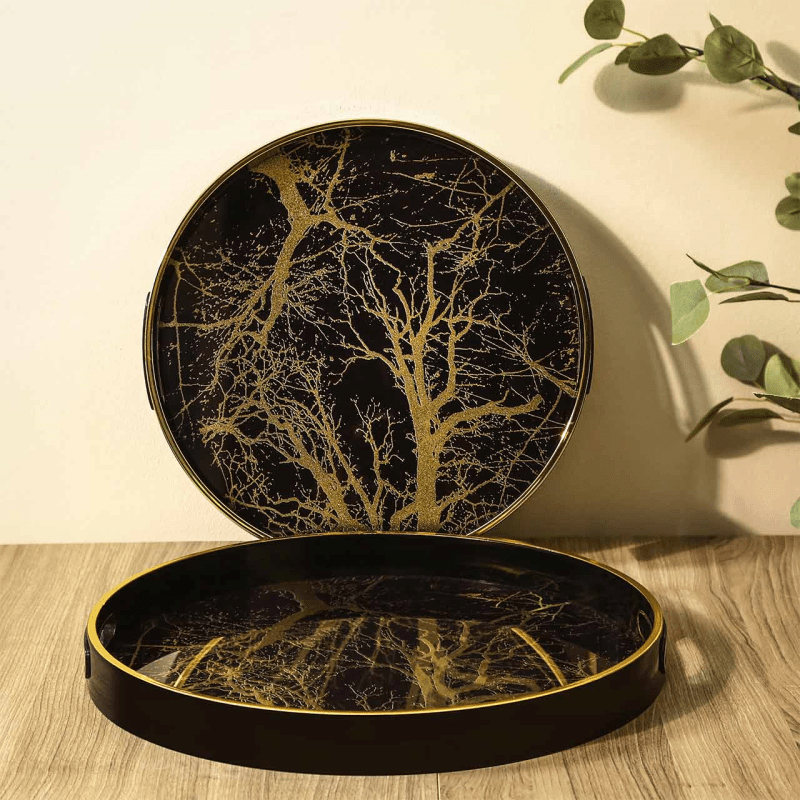 Lina Home Home Accessories Set of 2 Black & Gold Tree Branch Design Round Trays