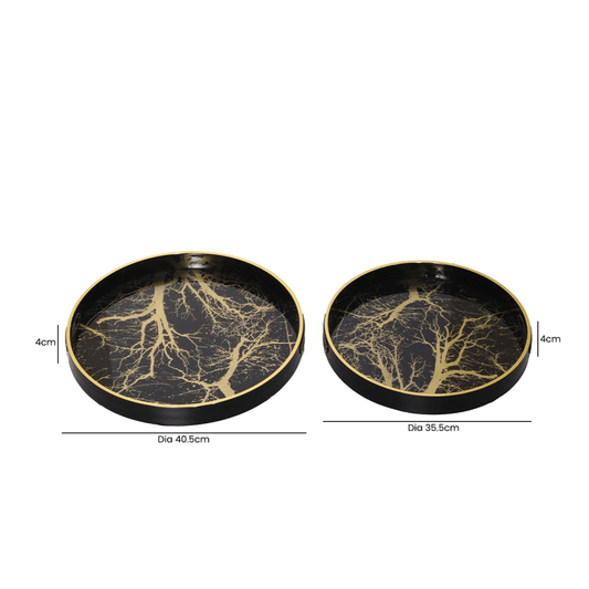 Lina Home Home Accessories Set of 2 Black & Gold Tree Branch Design Round Trays