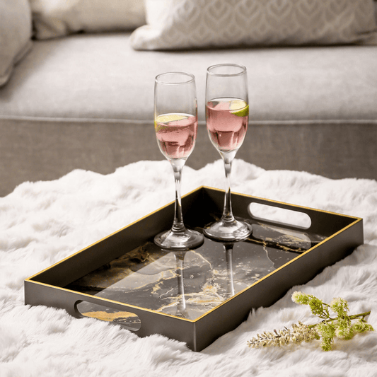 Lina Home Home Accessories Set of 2 Black, Grey & Gold Abstract Design Rectangular Trays