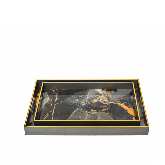 Lina Home Home Accessories Set of 2 Black, Grey & Gold Abstract Design Rectangular Trays