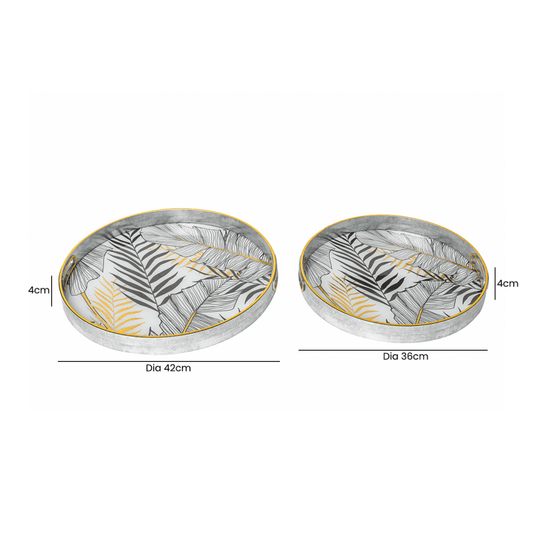 Lina Home Home Accessories Set of 2 White, Black & Gold Leaf Design Round Trays