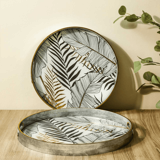 Lina Home Home Accessories Set of 2 White, Black & Gold Leaf Design Round Trays