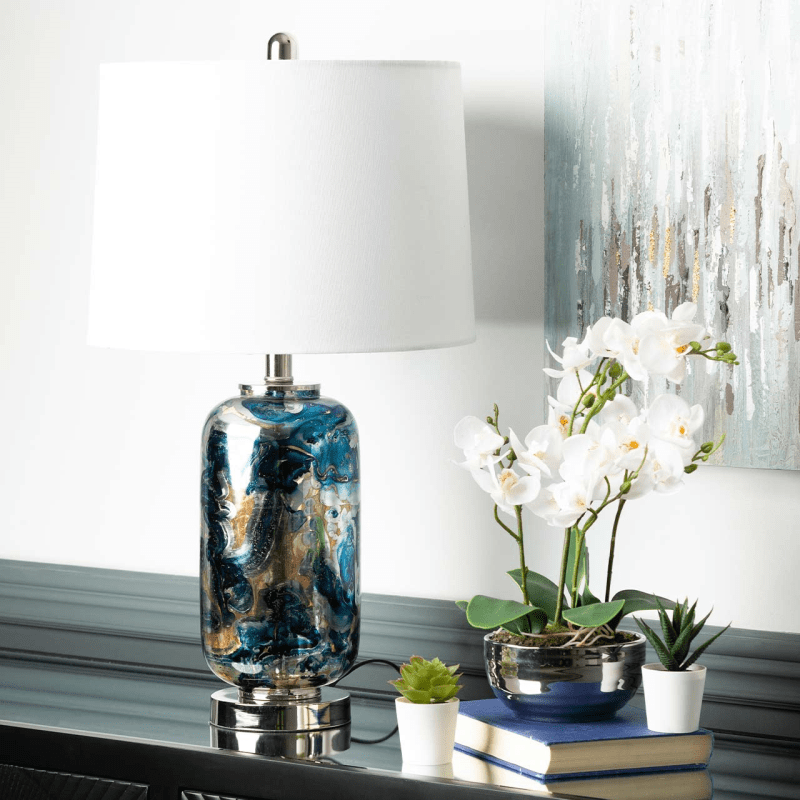 Lina Home Lamp Blue & Silver Glass Table Lamp with White Linen Shade