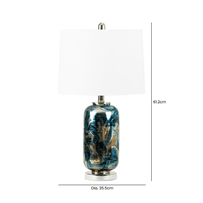 Lina Home Lamp Blue & Silver Glass Table Lamp with White Linen Shade
