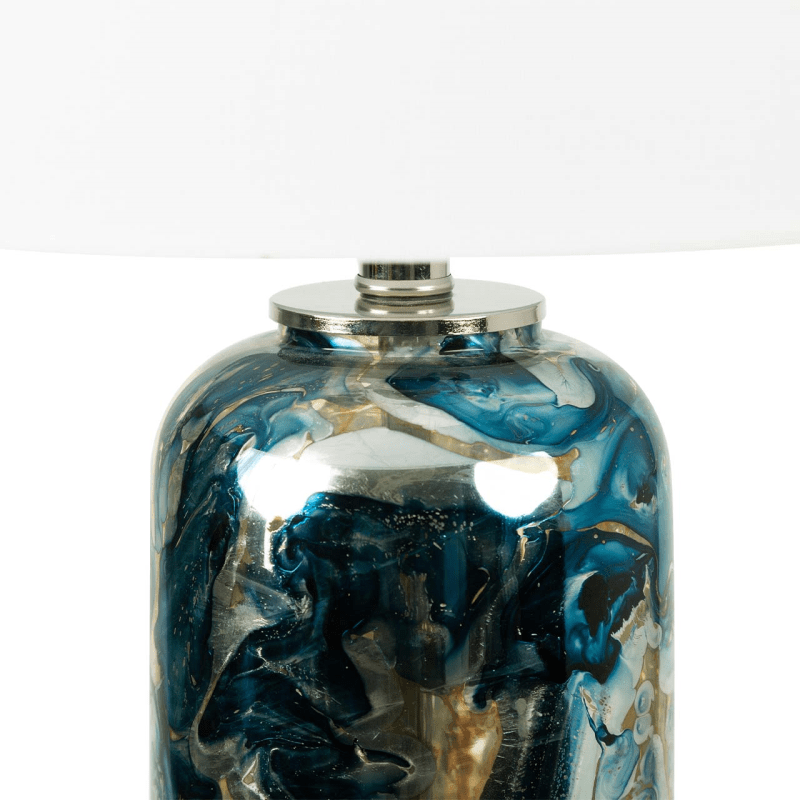 Lina Home Lamp Blue & Silver Glass Table Lamp with White Linen Shade