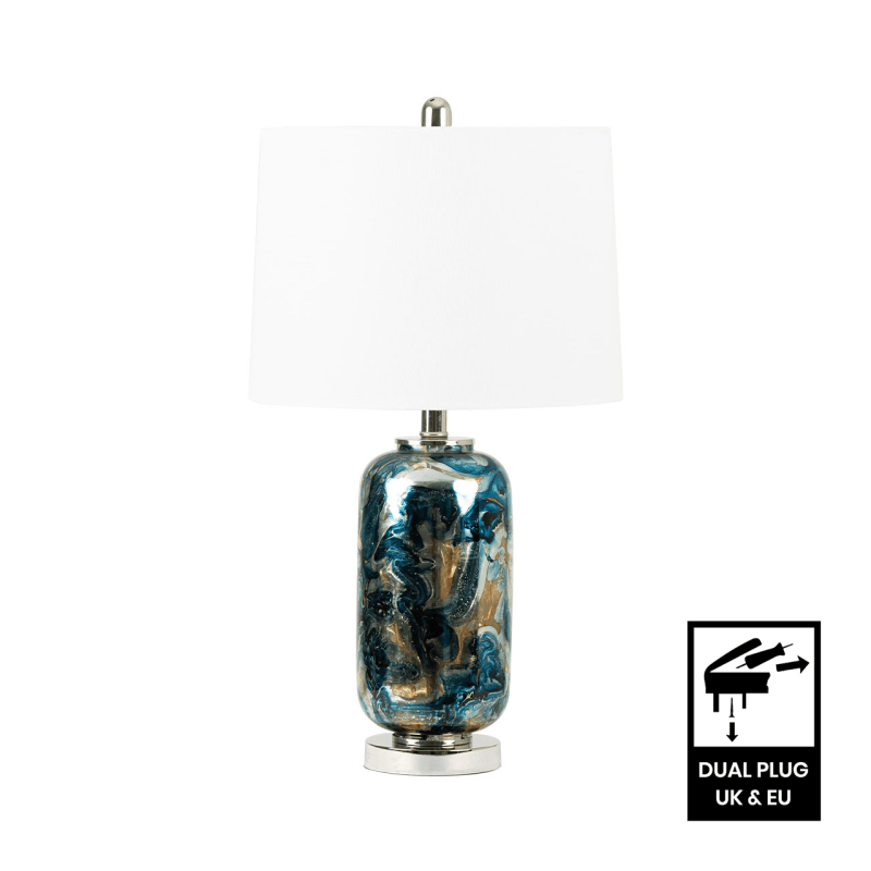 Lina Home Lamp Blue & Silver Glass Table Lamp with White Linen Shade
