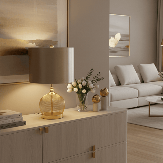 Lina Home Lamp Gold Wire Mesh Table Lamp with Champagne Satin Shade
