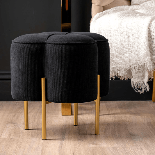Lina Home Ottoman Black Velvet Clover Ottoman with Gold Legs