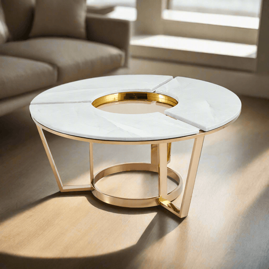 Lina Home Table Round Gold Metal Coffee Table with White Faux Marble Top
