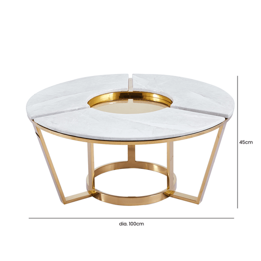 Lina Home Table Round Gold Metal Coffee Table with White Faux Marble Top
