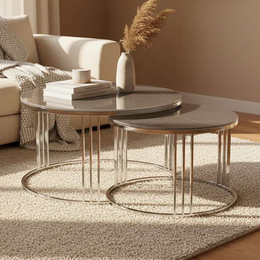 Lina Home Table Set of 2 Chrome Metal Coffee Table with Grey Marble Design Glass Top Coffee Table