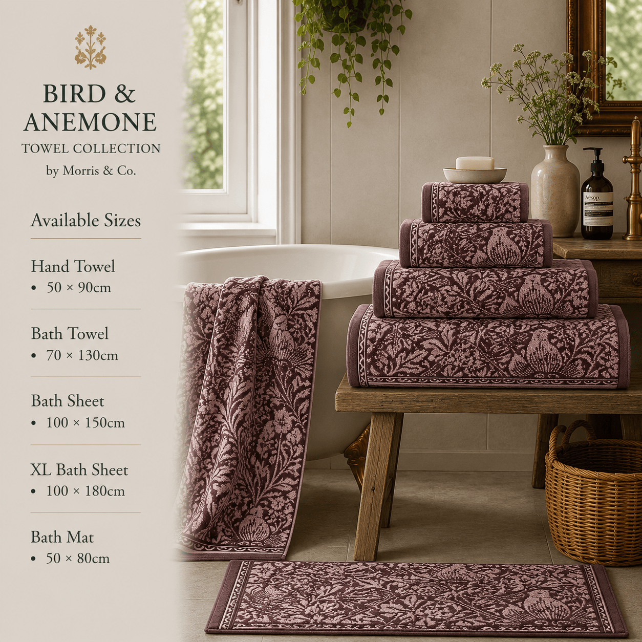 Morris & Co (Riva Home) Home Accessories Plum / Hand Towel • 50 × 90cm BIRD & ANEMONE TOWEL COLLECTION by Morris & Co