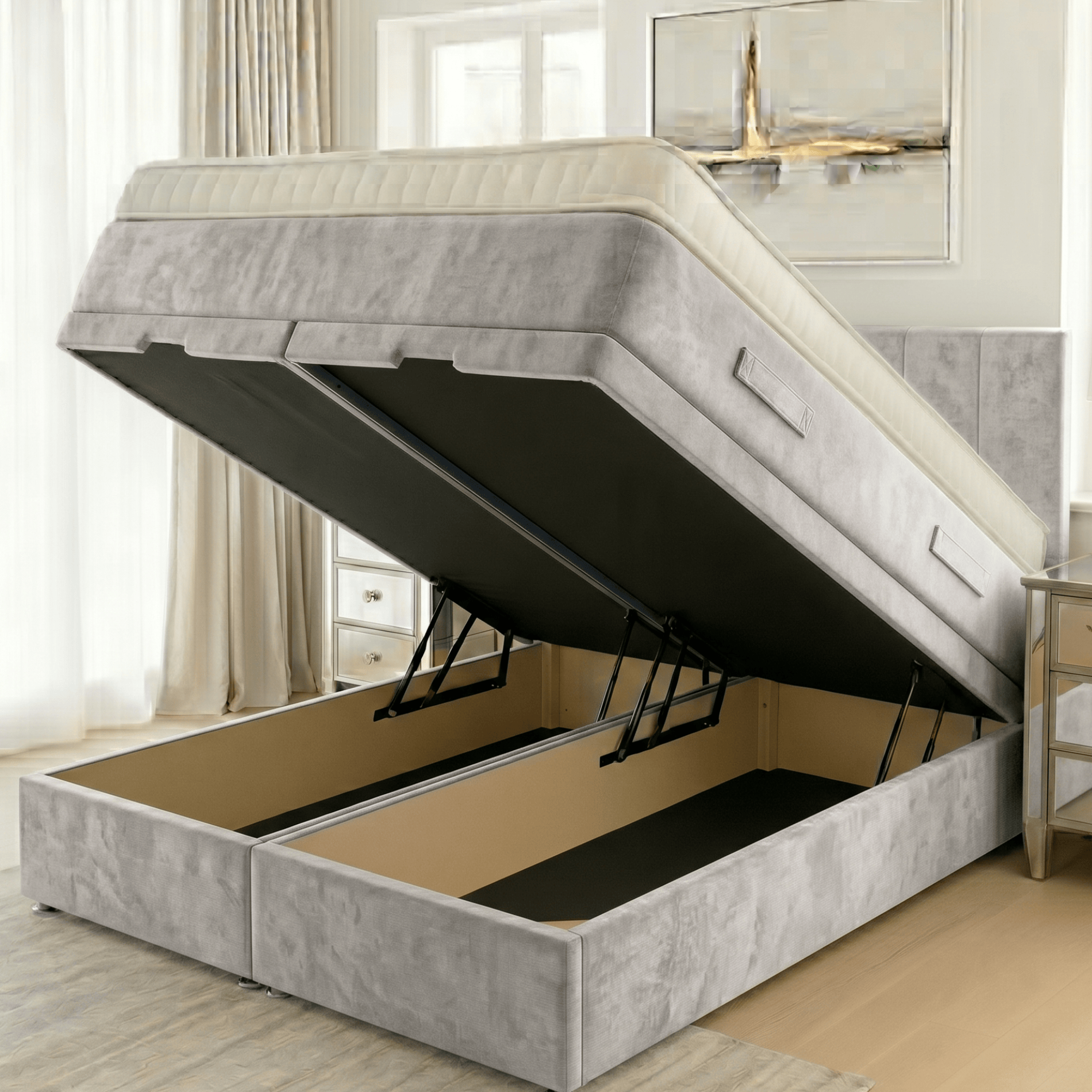 Gray upholstered bed with storage compartment in a bedroom setting