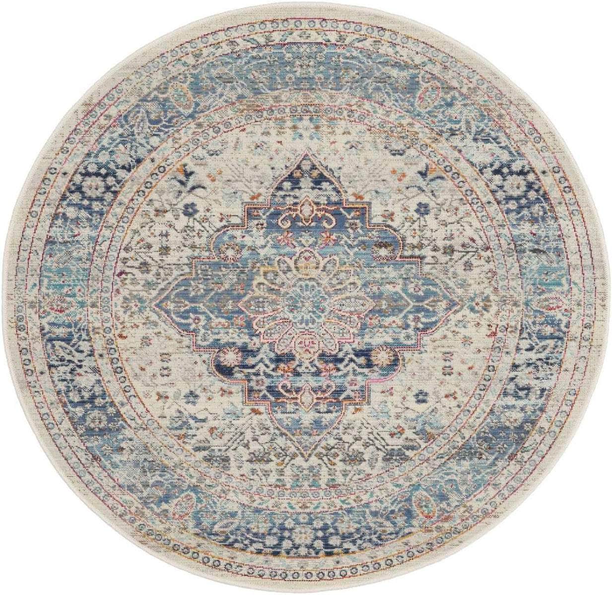 Nourison & Home Designer Rugs 122 cm (4’0”) – Round Vintage Kashan VKA07 Ivory Blue Rug by Nourison Home
