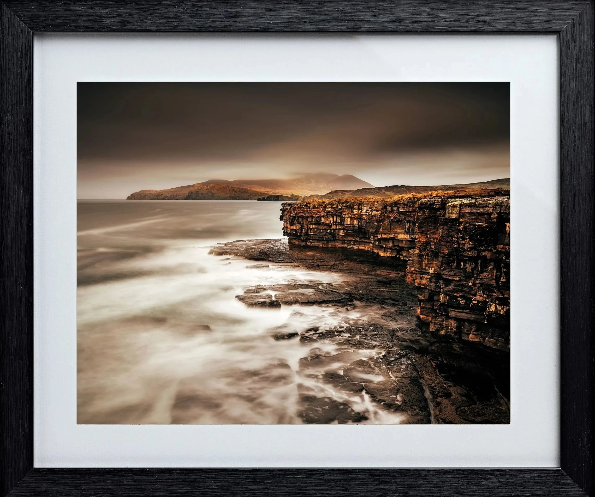 Original Irish Art Print Black DONEGAL CLIFFS AT MUCKROSS POINT | OPEN EDITION PRINT | FRAMED by Original Irish Art