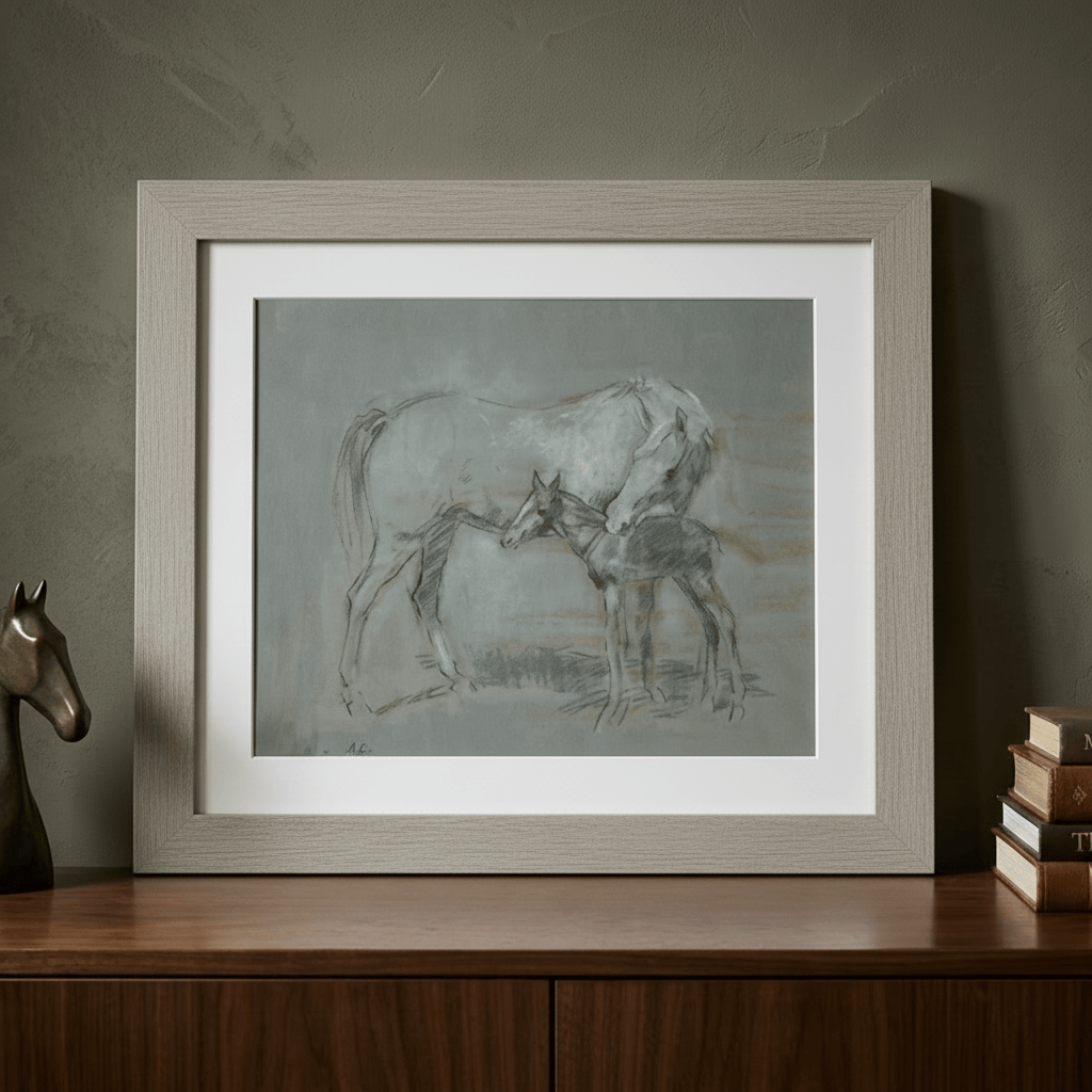 Original Irish Art Print MARE AND FOAL GREY FRAMED PRINT by Original Irish Art