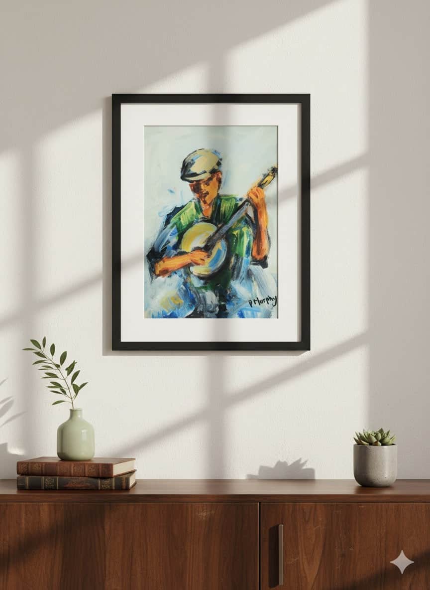 Original Irish Art Print THE BANJO PLAYER FRAMED ART PRINT by P. Murphy