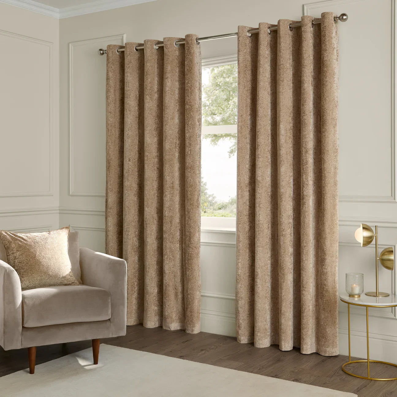 Paoletti (Riva Home) Curtains LUSTRE VELVET FULLY LINED EYELET CURTAINS CHAMPAGNE by Paoletti