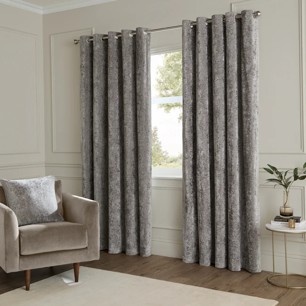 Paoletti (Riva Home) Curtains LUSTRE VELVET FULLY LINED EYELET CURTAINS PEWTER by Paoletti