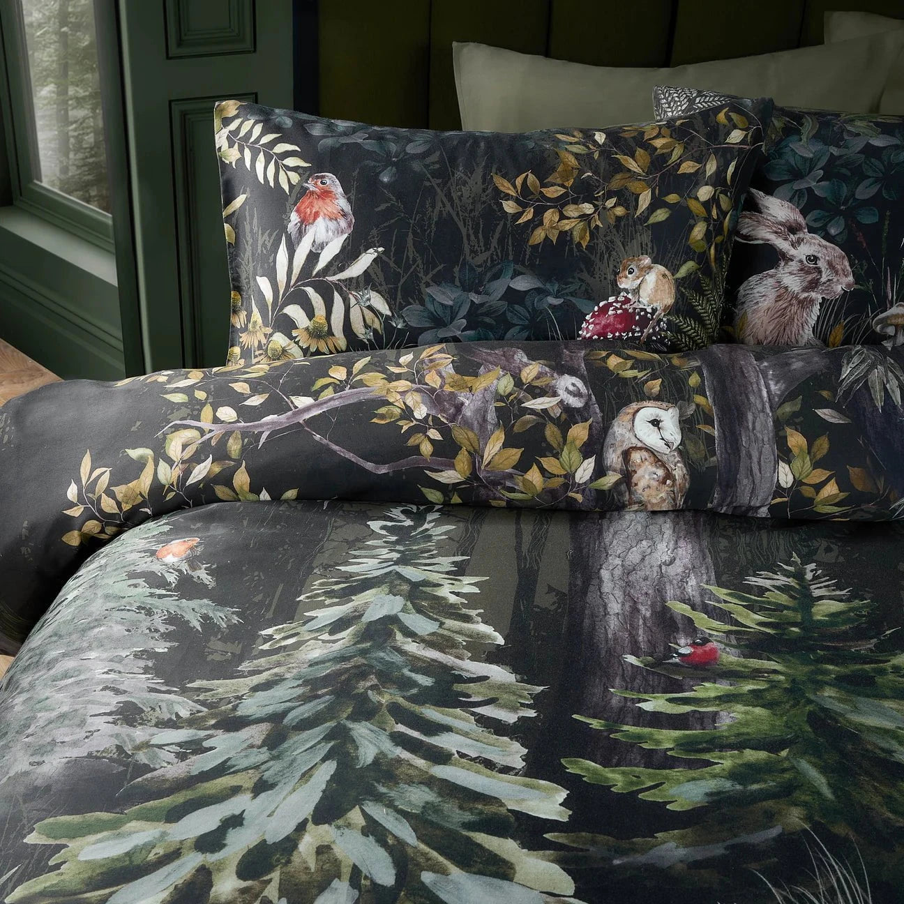 Paoletti Seventy Three (Riva Home) Duvet Cover set SHERWOOD FOREST 100% COTTON PRINTED DUVET COVER SET FOREST |GREEN/BLACK| by Paoletti