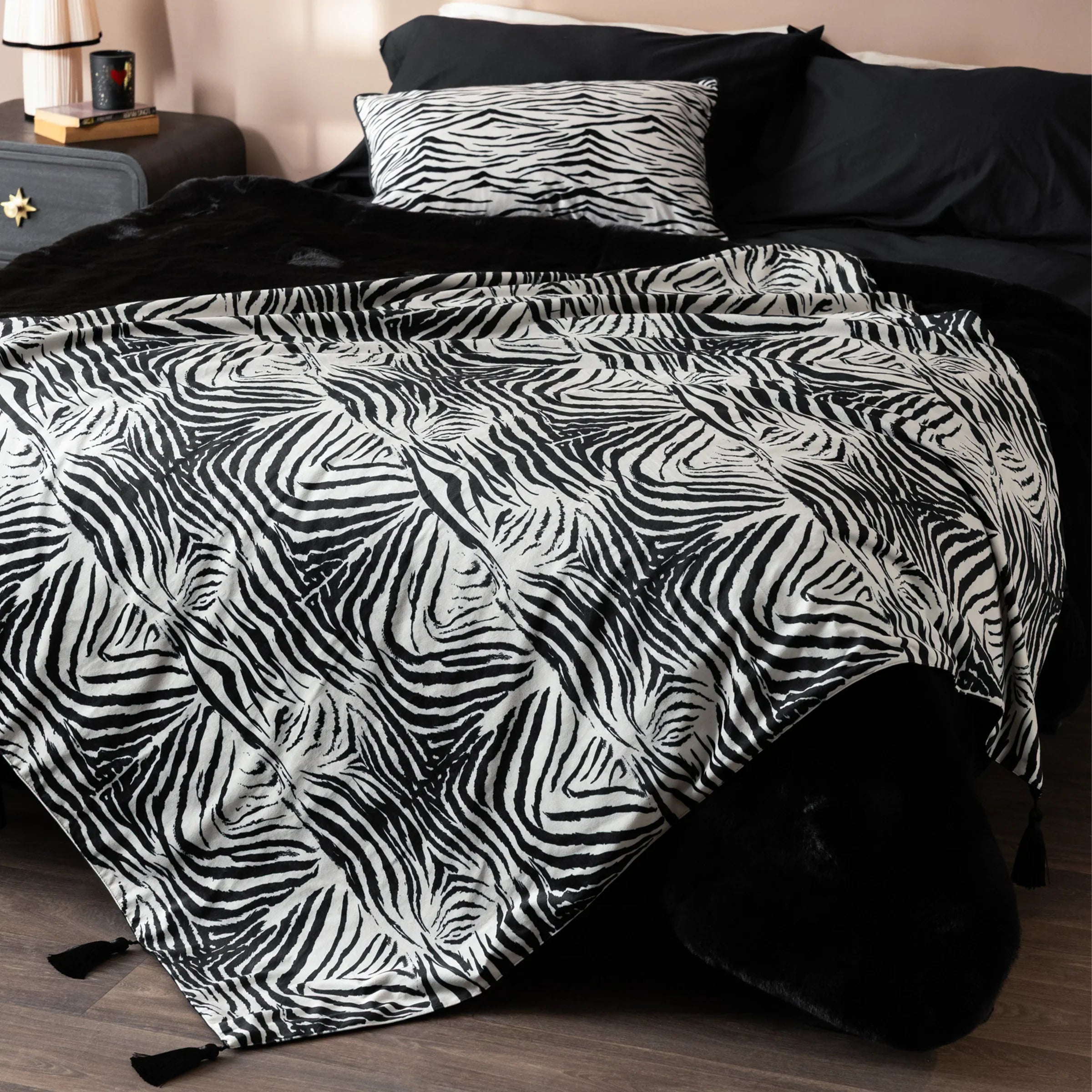 Rockett St George (Riva Home) Bedspread/Throw DIRTY ZEBRA TASSELLED VELVET THROW - BLACK by Rockett St George