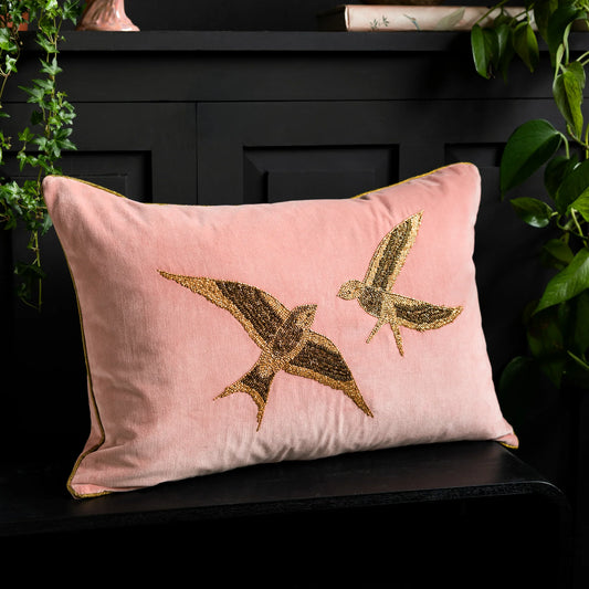 Rockett St George (Riva Home) Cushions BEADED LOVE BIRDS VELVET CUSHION ROSE by Rockett St George