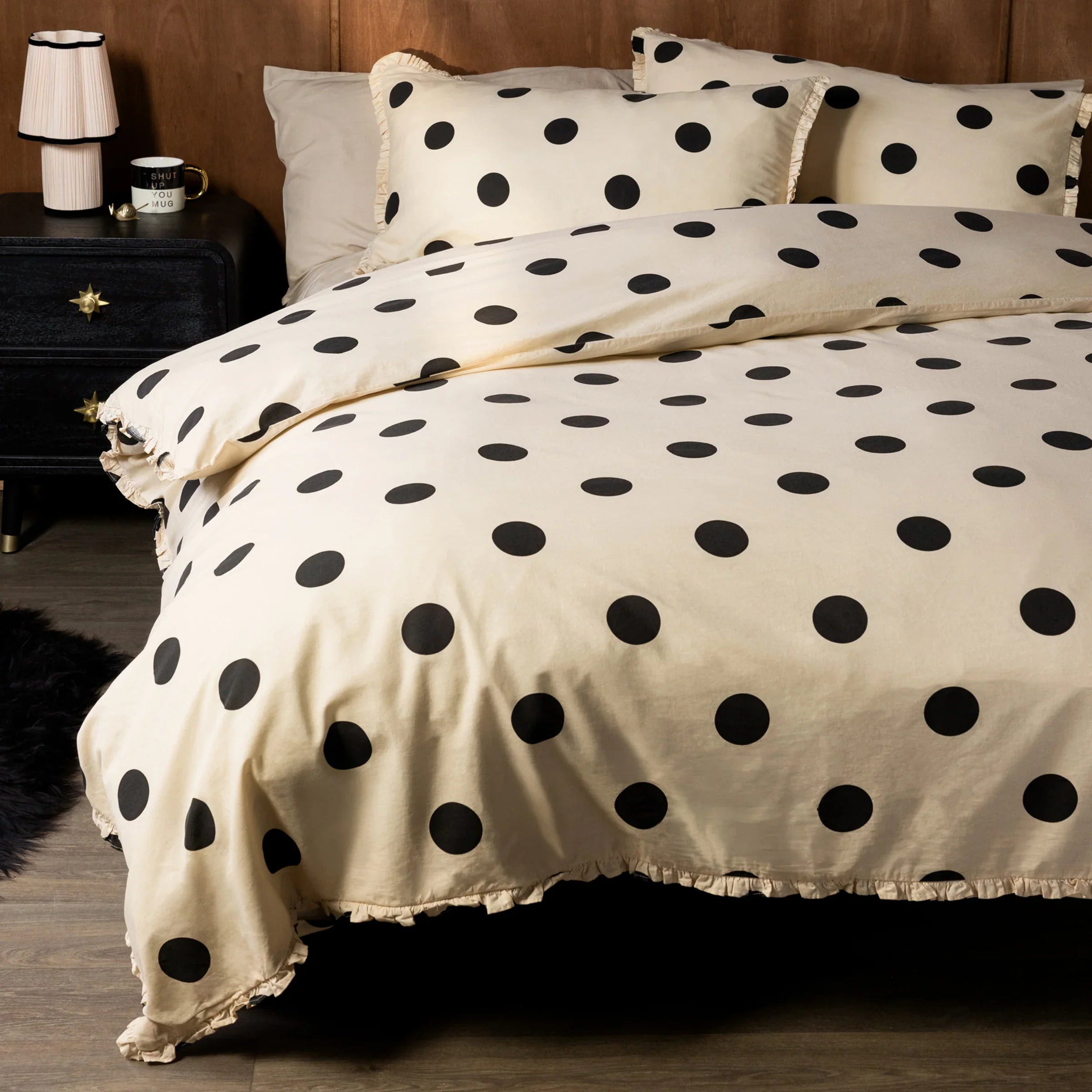 Rockett St George (Riva Home) Duvet Cover set DOT NOIR FRILLED COTTON DUVET COVER SET BUTTERMILK YELLOW by Rockett St George